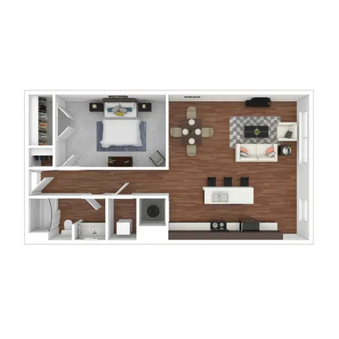Stout 1-bedroom apartment floor plan with a spacious open-concept living area, modern kitchen with island, and cozy dining space, complemented by sleek, stylish design.