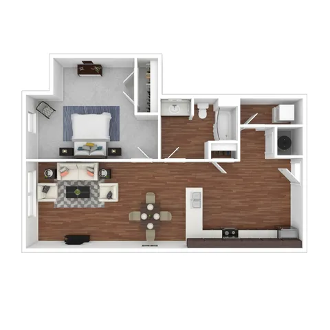 Moxie 3D floor plan with a spacious bedroom, open living and dining area, sleek kitchen, and a pristine bathroom.