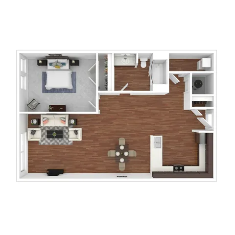 Gallery 3D floor plan displaying a cozy 1-bedroom apartment with spacious living room, sleek kitchen, and elegant bathroom.
