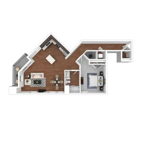Sage 1-bedroom apartment floor plan with open-concept living area, stylish kitchen, and cozy private balcony.