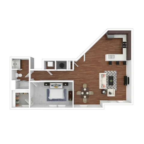 Crimson floor plan featuring a spacious open-concept living and dining area, sleek kitchen with island, cozy bedroom, stylish bathroom, and ample closet space.