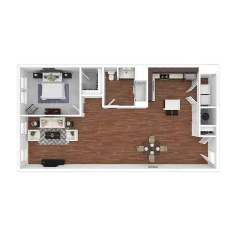 Siren 3D apartment floor plan showcasing 1 bedroom, modern kitchen, and open living-dining area with sleek hardwood floors.