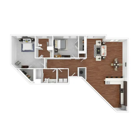Ralston 3D floor plan showcasing 2 bedrooms, 2 bathrooms, and an expansive open-concept living and dining area with hardwood flooring.