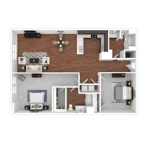 Bazbeaux 3D floor plan showcasing an open-concept layout with two bedrooms, a cozy living room, and a stylish kitchen.
