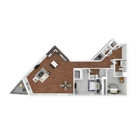 Park Avenue floor plan featuring 2 bedrooms, open-concept living room with dining area, modern kitchen, and balcony space ideal for comfortable urban living.