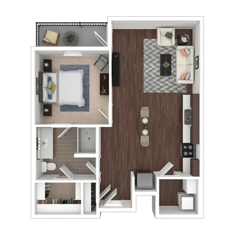 Bloomington 1-bedroom apartment floor plan featuring an open-concept living area, sleek kitchen, cozy balcony, and stylish bathroom.