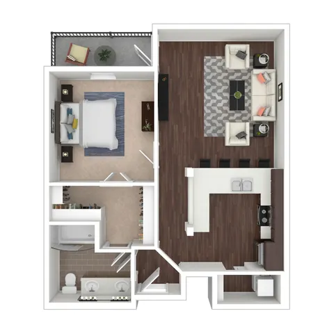 Farabee 3D floor plan with spacious bedroom, elegant living room, and stylish open-concept kitchen.