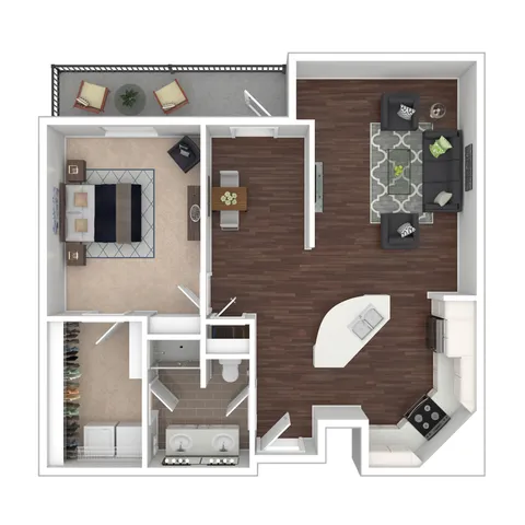 Jordan floor plan showcasing a spacious one-bedroom apartment with open-concept living area, sleek kitchen, and cozy balcony.