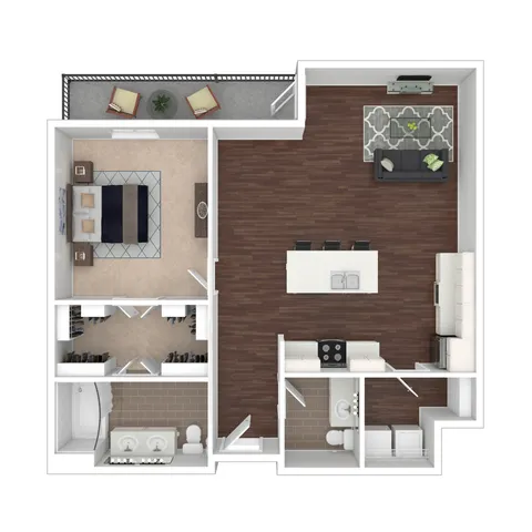Lafayette floor plan with one bedroom, stylish open-concept kitchen, cozy living room, spacious bathroom, and inviting balcony.