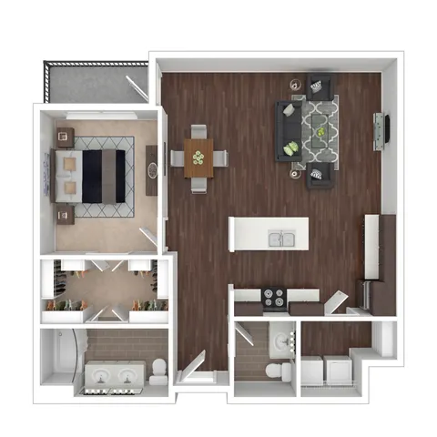 Lee 3D floor plan featuring a spacious 1-bedroom layout with a sleek kitchen, cozy living area, and dual-sink bathroom, perfect for comfortable living.