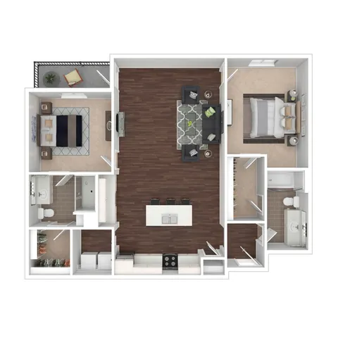 Midland 3D floor plan featuring 2 bedrooms, open-concept living area, stylish kitchen with island, and 2 modern bathrooms.