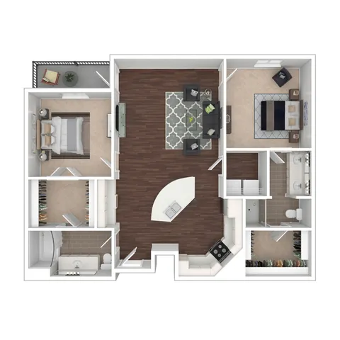 Monon floor plan showcasing two elegant bedrooms, an expansive open-concept living area with sleek hardwood flooring, and a modern, streamlined kitchen island.
