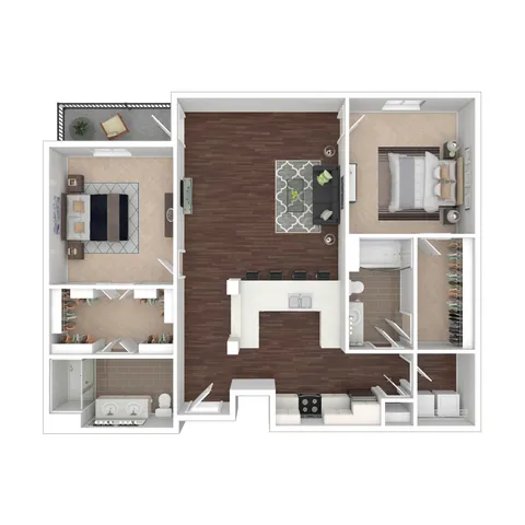 Monticello floor plan showcasing spacious 2-bedroom layout with open-concept living and kitchen area, modern finishes, and a cozy balcony.
