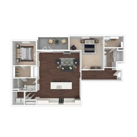 Quincy 3D apartment floor plan featuring 2 bedrooms, an open-concept living area, and a stylish kitchen with island seating. Includes two bathrooms and a cozy outdoor balcony.