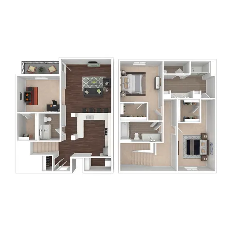 West Baden two-level floor plan with sleek hardwood floors, spacious open-concept living and dining area, two cozy bedrooms, office space, and two bathrooms, perfect for stylish living.