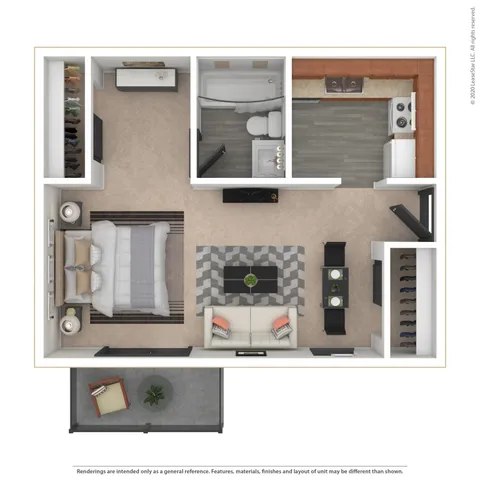 Acadia studio apartment floor plan with cozy living area, contemporary kitchen, and stylish bathroom, complemented by a private balcony.
