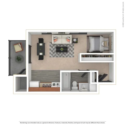 Ranier studio floor plan showcasing an open-concept living and dining area, stylish kitchen, and inviting balcony.
