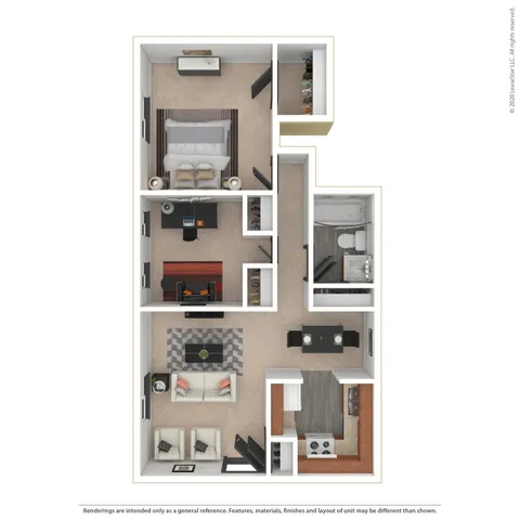 Redwood 3D floor plan displaying a spacious 1-bedroom apartment with a cozy living room, sleek kitchen, and private study area.