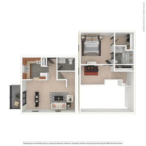 Sequoia two-level floor plan with a cozy bedroom, stylish kitchen, and open-concept living area on the ground floor.