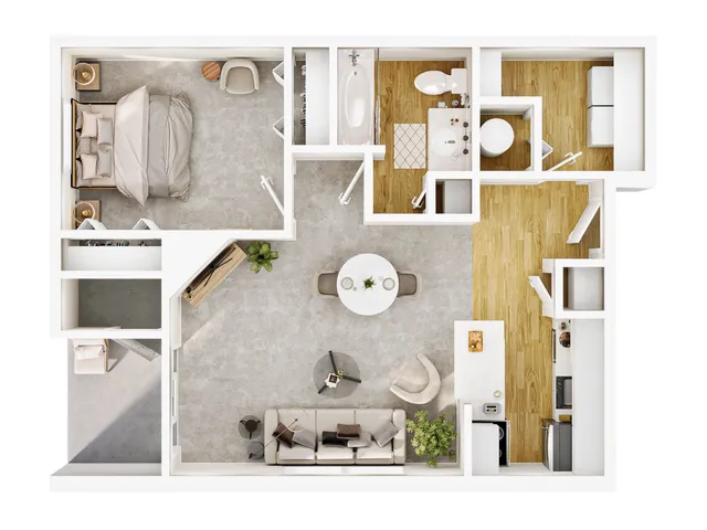 Elegant 1-bedroom floor plan featuring an open-concept living and dining area, modern kitchen, and luxurious bathroom. A1 Riley