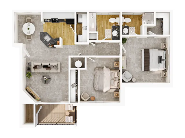 Modern apartment floor plan with two spacious bedrooms, a sleek open kitchen, cozy living room, and inviting balcony. B1 Cobblestone