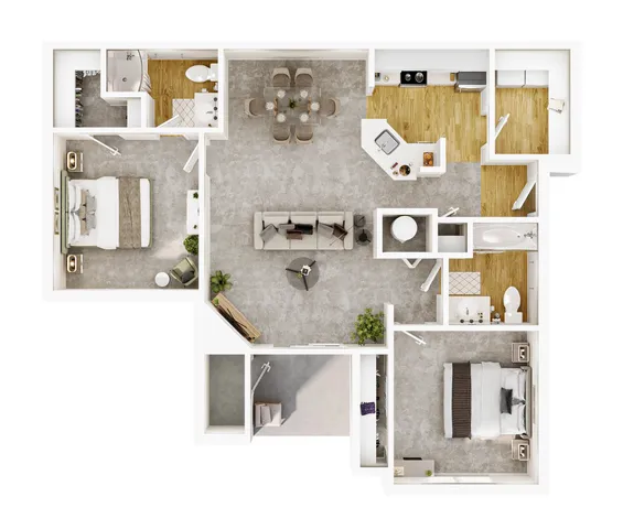 Modern 3D floor plan showcasing 2 elegant bedrooms, an open-plan living and dining area, a sleek kitchen, and two stylish bathrooms. B2 Whitcomb