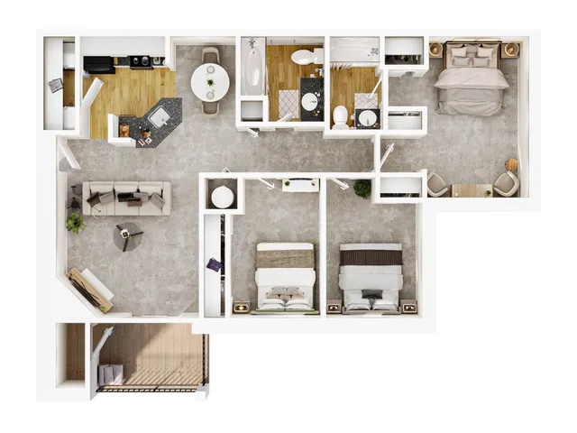 Elegant 3D floor plan showcasing 3 bedrooms, open-plan living area, and modern kitchen with balcony access. C1 Brandywine