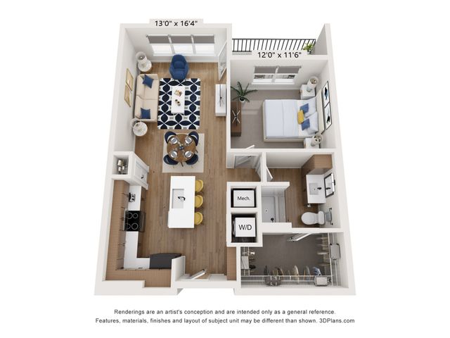 Modern 3D floor plan featuring a spacious 1-bedroom apartment with an open-concept living and dining area, stylish kitchen with an island, and a cozy balcony.