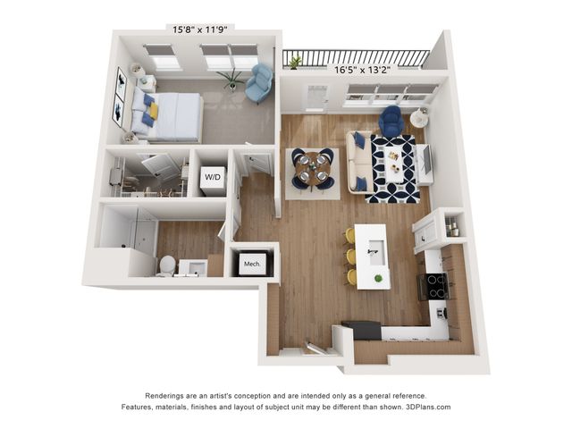 Modern 1-bedroom apartment floor plan featuring an open-concept living and dining area, stylish kitchen with breakfast bar, and cozy bedroom with en suite bathroom.