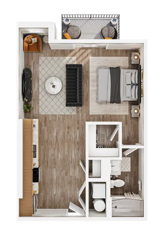 Modern one-bedroom apartment floor plan featuring a spacious living area, sleek kitchen, and cozy balcony.