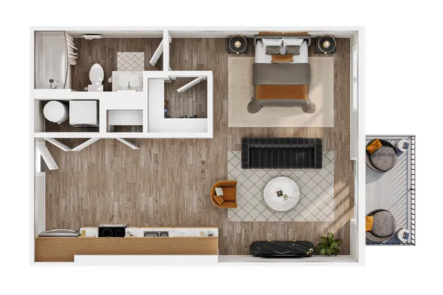 Modern 1-bedroom floor plan showcasing an open-concept living area, chic kitchen, and cozy balcony, perfect for contemporary living.