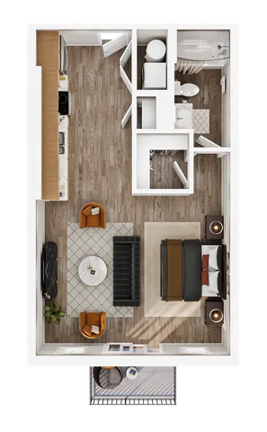 Elegant 3D floor plan highlighting a cozy one-bedroom apartment with a modern kitchen, spacious living area, and sleek bathroom, complemented by a charming balcony.