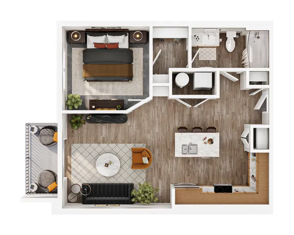 Modern floor plan featuring a luxurious bedroom, a contemporary kitchen with an island, and a cozy living area. Includes a chic balcony providing outdoor relaxation space.