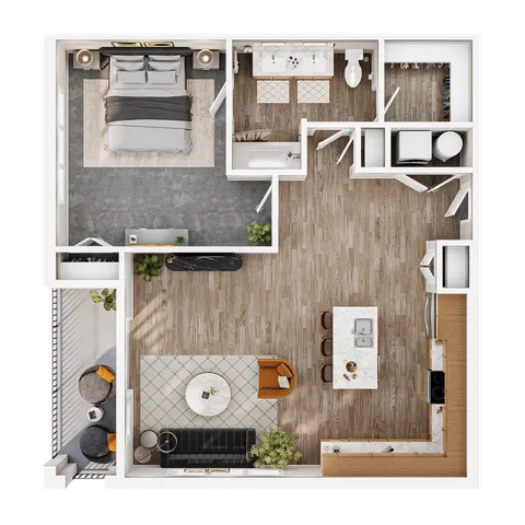 Modern open-concept floor plan featuring a spacious bedroom, elegant bathroom, and sleek kitchen with island. Includes a cozy living area and balcony for relaxing in style.