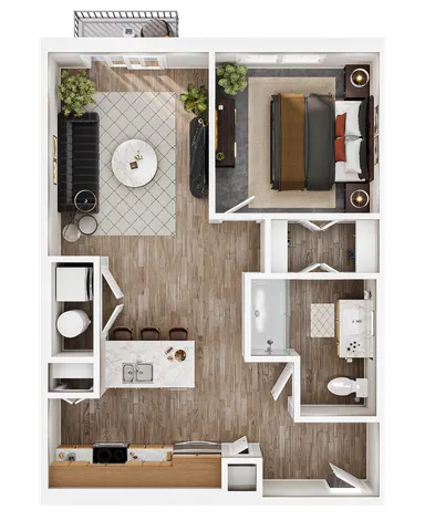 Contemporary 1-bedroom floor plan featuring an open-concept living room, modern kitchen with island, and stylish bathroom, perfect for urban living.