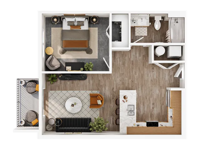 Modern floor plan showcasing a cozy bedroom, open-concept living area with stylish furniture, and sleek kitchen. Includes an elegant bathroom and inviting balcony space.