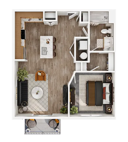 Modern floor plan showcasing a spacious 1-bedroom apartment with elegant kitchen island, cozy living area, and luxurious bathroom, featuring stylish wood flooring and accessible balcony.