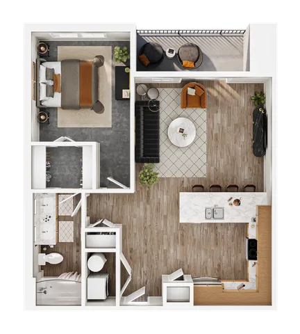 Modern floor plan showcasing a spacious 1-bedroom apartment with an open-concept kitchen, cozy living area, elegant bathroom, and a charming balcony with seating.