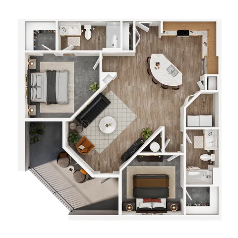 Contemporary 3D floor plan showcasing 2 bedrooms, a modern open-concept living space, and a sleek kitchen with an island.