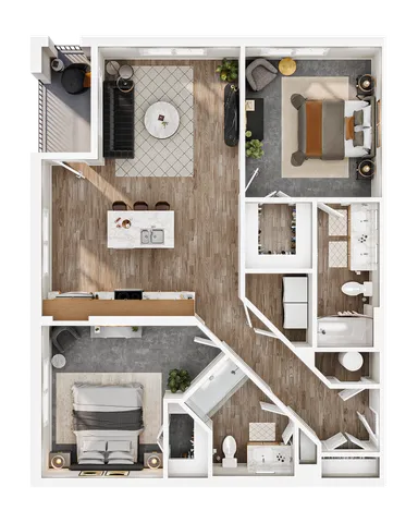 Modern 3D floor plan featuring 2 bedrooms, a cozy living room, sleek kitchen, and 2 elegant bathrooms with included balcony.