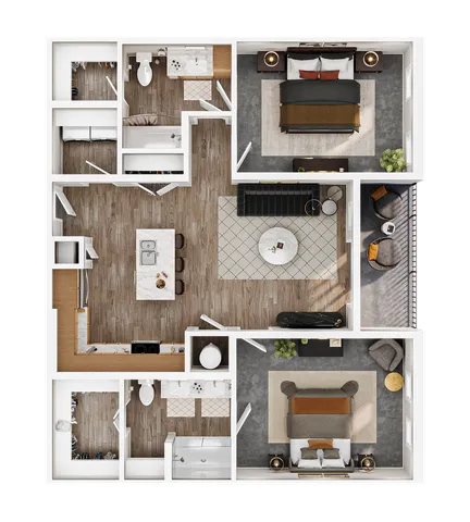 Modern 3D floor plan showcasing two spacious bedrooms, sleek kitchen with island, cozy living area, and private balcony.