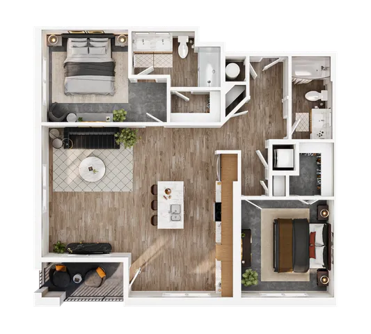 Elegant floor plan showcasing two spacious bedrooms, a modern open-concept living and dining area, stylish kitchen with island seating, two bathrooms, and a cozy balcony for relaxation.