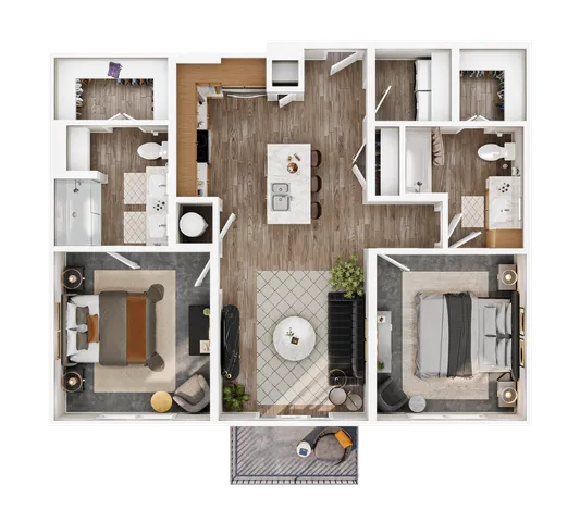 Modern 3D floor plan featuring 2 elegant bedrooms, an open-concept kitchen with an island, cozy living area, and stylish bathrooms, ideal for contemporary living.