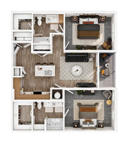 Modern 3D floor plan featuring 2 bedrooms, a contemporary open kitchen, and a chic living area with stylish accents.