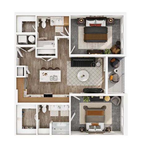 Modern apartment floor plan showcasing 2 bedrooms, stylish open-concept living area, and elegant kitchen.