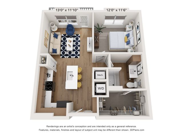 Modern floor plan featuring an open-concept living room, well-equipped kitchen, cozy single bedroom, stylish bathroom, and convenient laundry area.