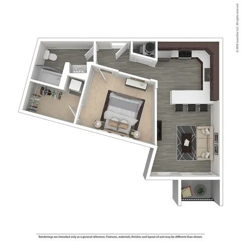 Inviting 3D floor plan showcasing a spacious one-bedroom apartment with a modern kitchen, cozy living area, and elegant bathroom.