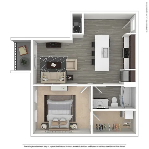 Modern floor plan featuring a spacious 1-bedroom layout with an open-concept living area, stylish kitchen, and private balcony.