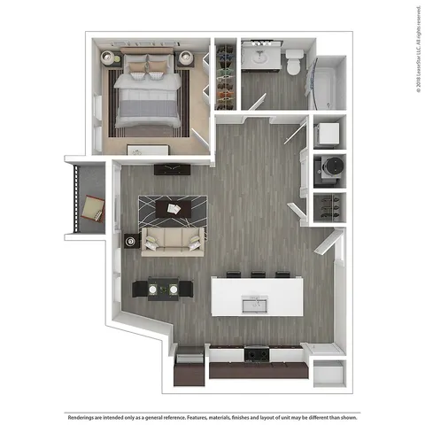 Modern 1-bedroom apartment floor plan featuring an open-concept living area, spacious kitchen island, and cozy balcony.