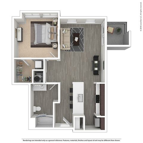 Modern 3D floor plan showcasing an elegant 1-bedroom apartment with a spacious open-concept living and dining area, sleek kitchen, and private balcony.
